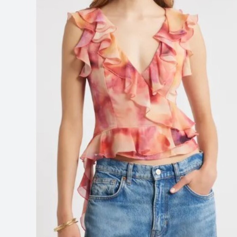 Open Edit Watercolor Ruffle Wrap Chiffon Blouse Pink Orange Floral S